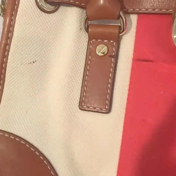 Michael Kors Hamilton Mono Red Stripe Canvas Leather Tote Large Lock Chain - Picture 2 of 10